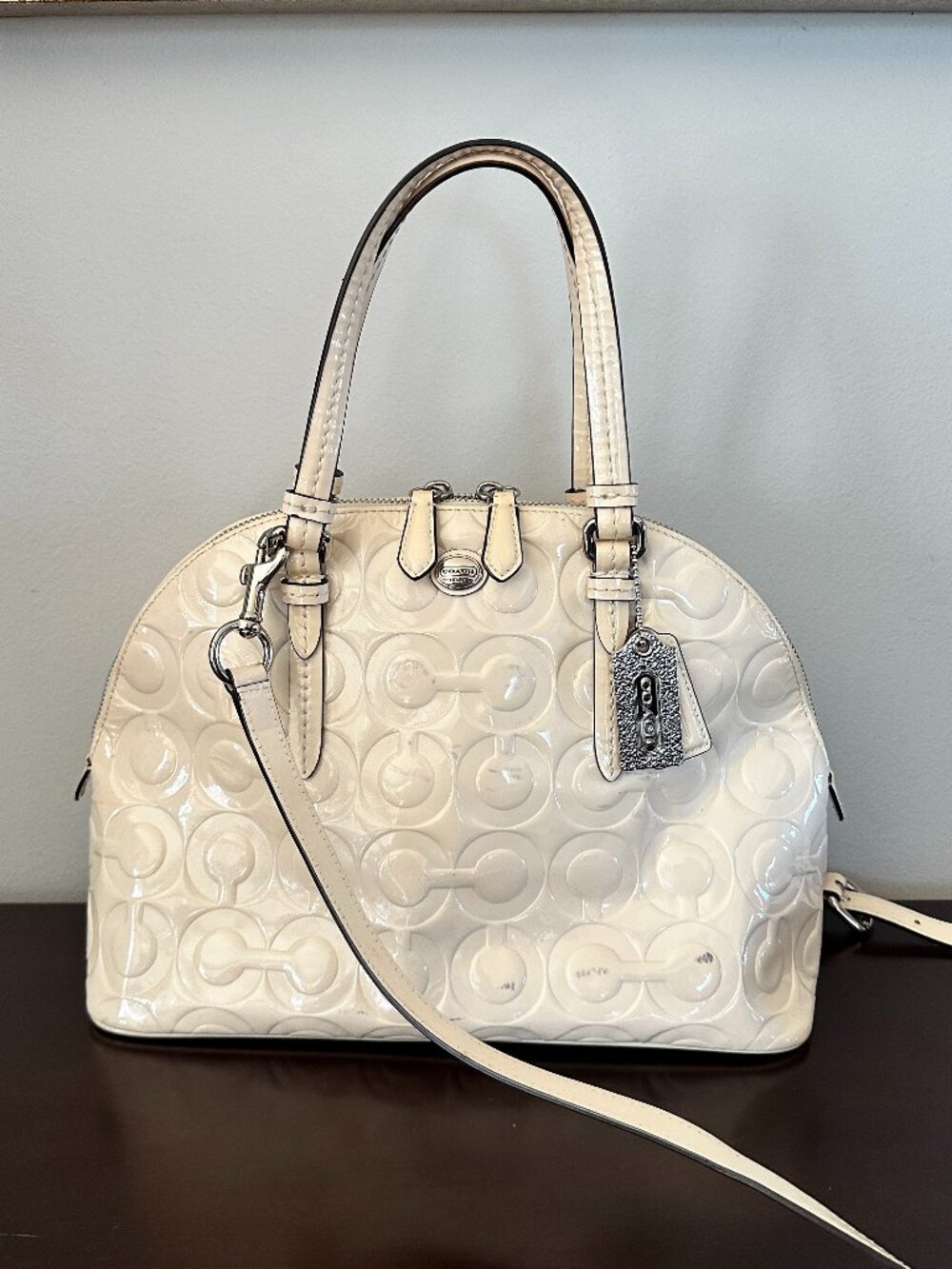 Coach Patent Leather Dome Satchel Bag Cream F25705 - Top Handle